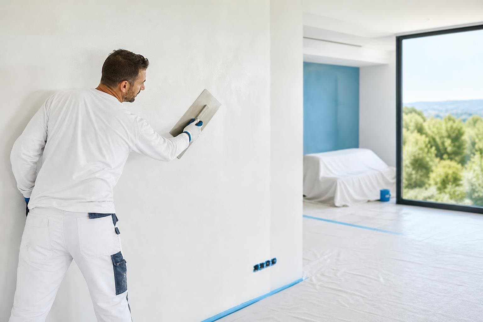 Artisan appliquant un enduit de lissage sur un mur