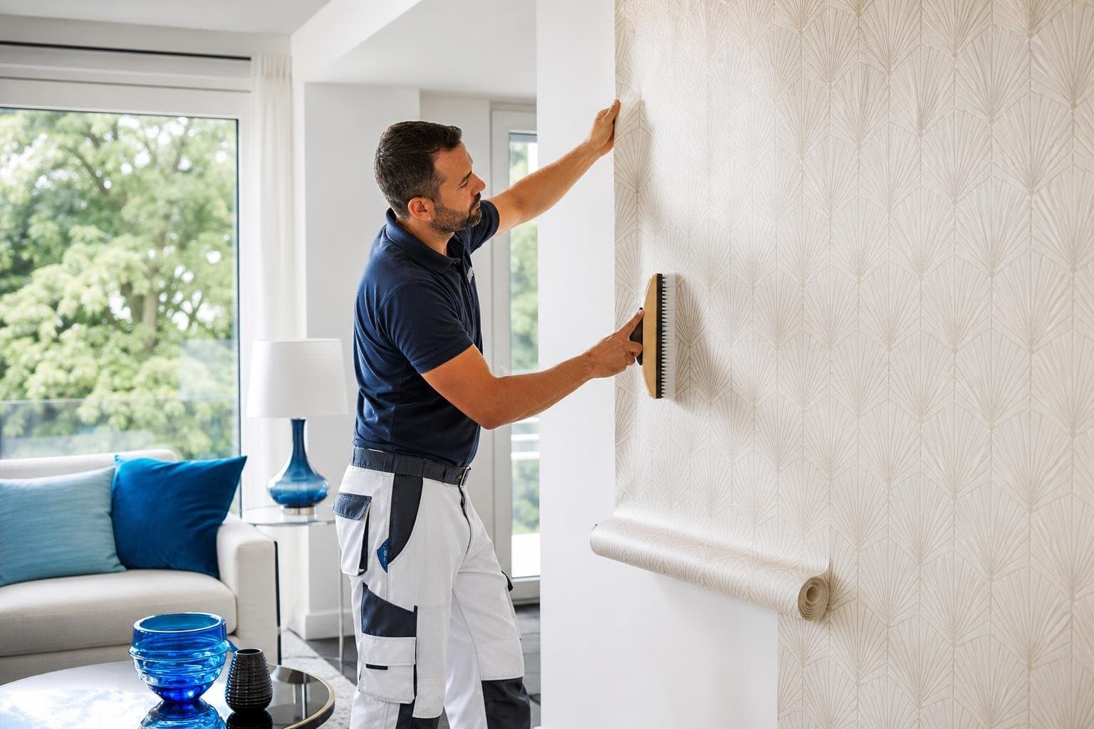 Pose de papier peint décoratif dans un salon moderne